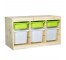 TOY CHEST-Natural Wood W/Green & White Plastic Bins