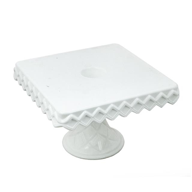 CAKE STAND-Square Milk Glass W/Pedestal Base