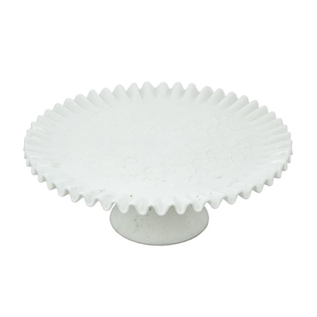 CAKE STAND-Round Milk Glass W/Crinkled Edge