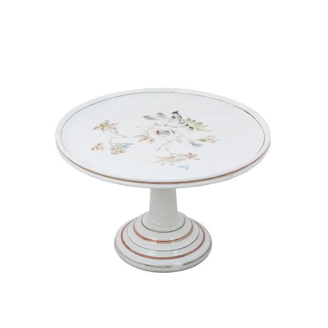 CAKE STAND-Milk Glass W/Faded Cherry Blossoms & Gold Accents