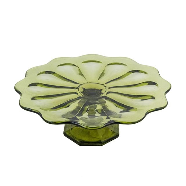 CAKE STAND-Green Glass W/Wavy Edge