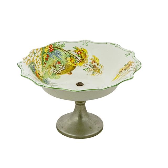 CANDY DISH-White Porcelain Top & Metal Base (Thatched Roof Cottage Scene)