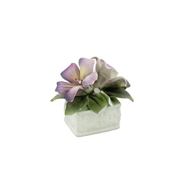 FIGURINE-White Rectangular Basket W/2 Purple Flowers