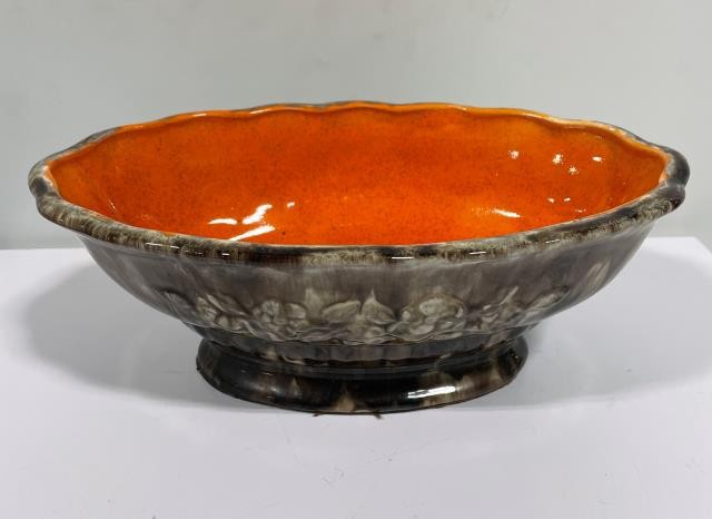 BOWL-Brown Glaze W/Floral Relief Design & Orange Interior