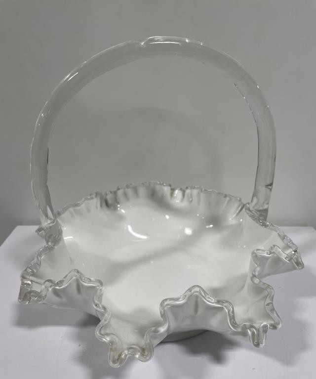 CANDY DISH-Vintage Milk Glass Basket W/Ruffled Edge