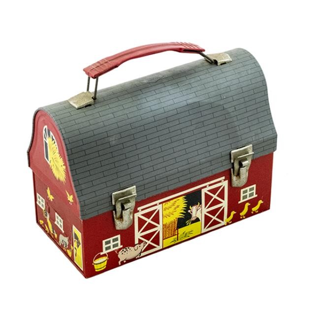 LUNCH BOX-Vintage/Metal/Painted Red Barn W/Farm Animals