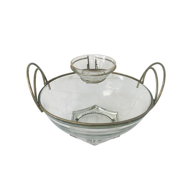 (25210336)BOWL-Vintage Chip & Dip Glass Bowl w|Brass Metal Wire Rim & Handles