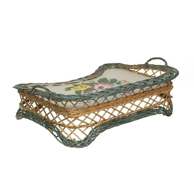 BED TRAY- Vintage Colored Wicker W/Painted Flower