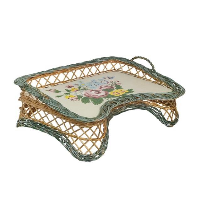 BED TRAY- Vintage Colored Wicker W/Painted Flower