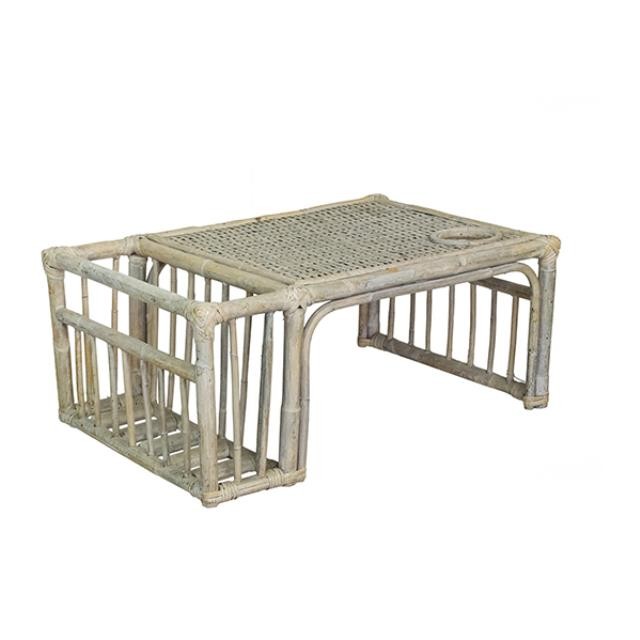 BED TRAY-Distressed White Bamboo & Wicker W/Cup holder & News Paper Rack