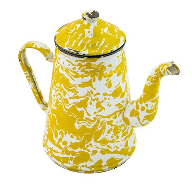 COFFEE POT-Vintage Enamelware Yellow & White Swirl