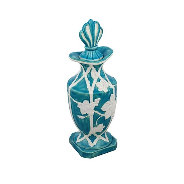 BOTTLE-Turquoise Porcelain W/Stopper-Raised White Floral Design