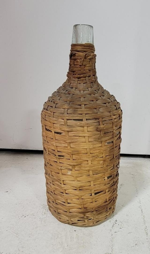 WINE BOTTLE-Vintage Jug W/Rattan Basket & Handle