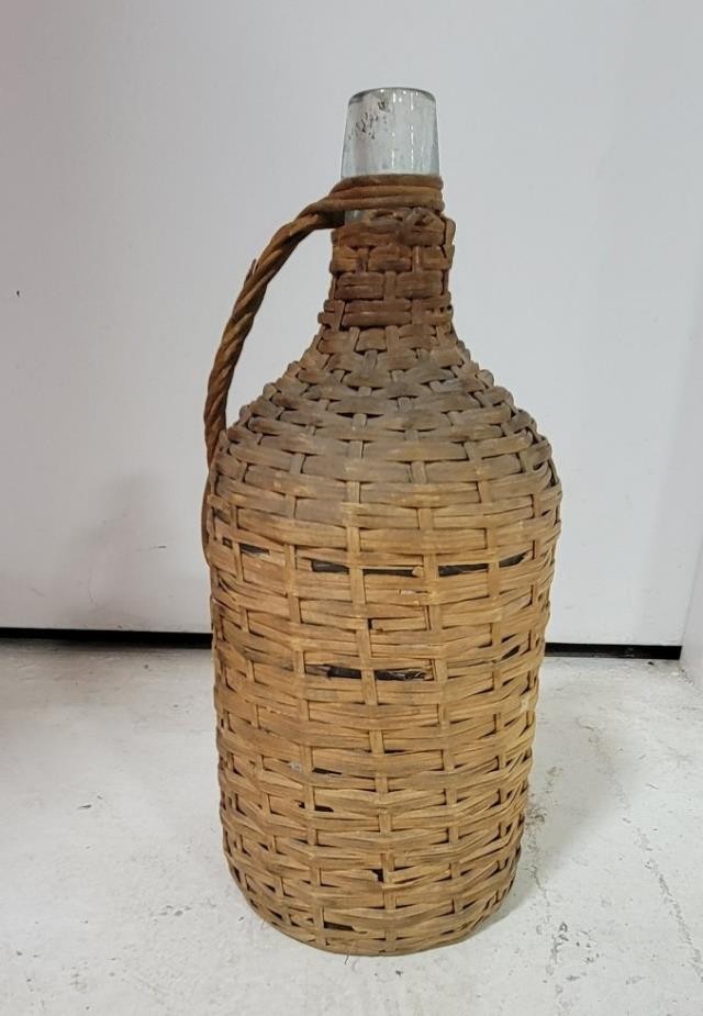 WINE BOTTLE-Vintage Jug W/Rattan Basket & Handle