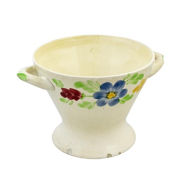 BOWL-Beige W/2 Handles & Hand Painted Flowers