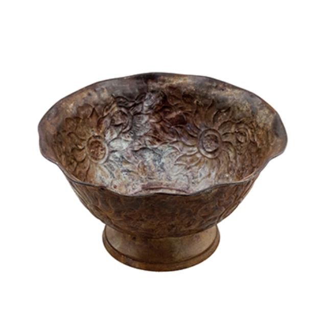 BOWL-Patina Metal W/Floral Relief