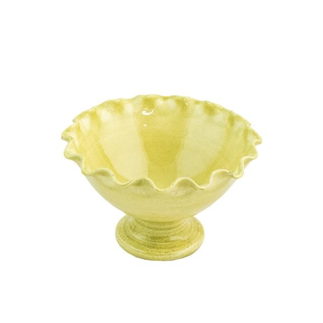 BOWL-Small Yellow Ceramic W/Ruffled Edge & Pedestal Base