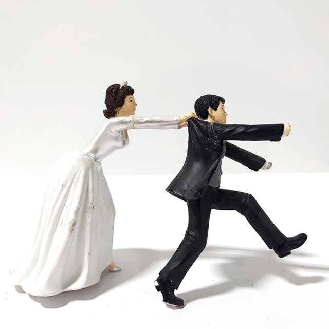 WEDDING CAKE TOPPER-Man Running Away & Bride Pulling Him Back