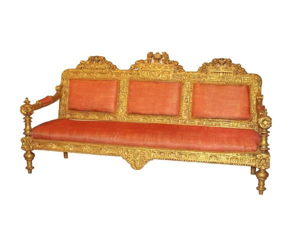 SOFA-GOLD W/ ORANGE UPHOLSTERY