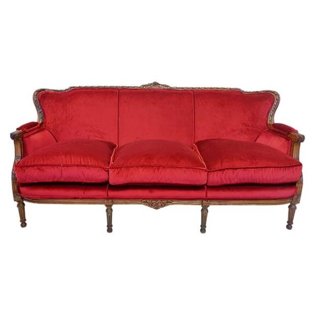 SOFA-Red Velvet Victorian W/Carved Wood Frame