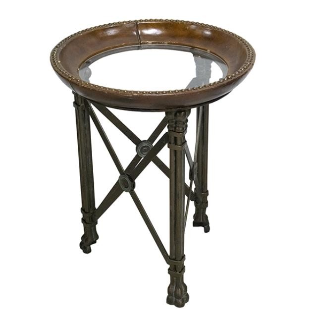 END TABLE-Round Metal Base & Leather Glass Top W/Nail Heads