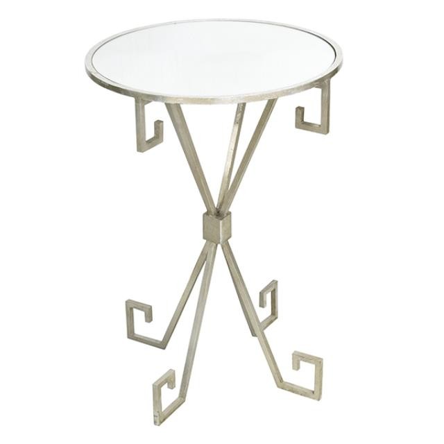 END TABLE-Greek Key Silver Frame W/Glass Top