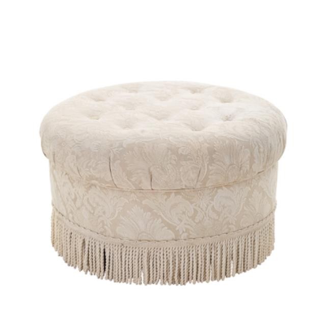 OTTOMAN-IVORY DAMASK W/Fringe Detail