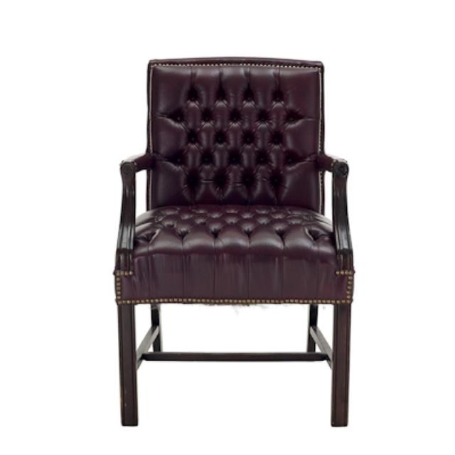 OFFICE CHAIR-Traditional Arm/Burgundy Tufted Leather W/Wood Frame