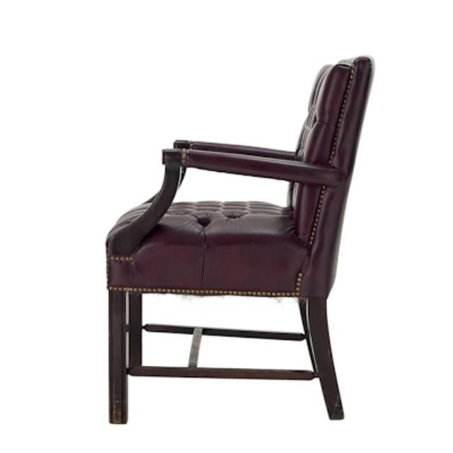 OFFICE CHAIR-Traditional Arm/Burgundy Tufted Leather W/Wood Frame