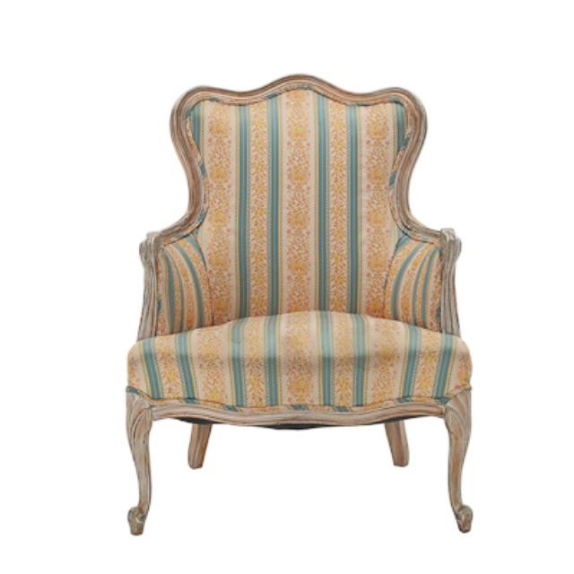 ARM CHAIR-Yellow & Teal Stripe W/White Washed Frame