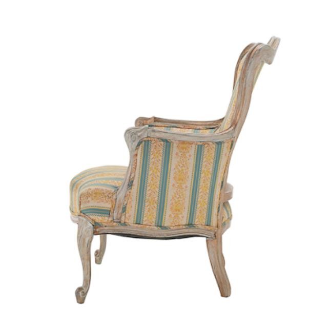 ARM CHAIR-Yellow & Teal Stripe W/White Washed Frame