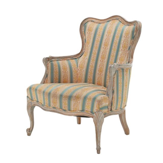 ARM CHAIR-Yellow & Teal Stripe W/White Washed Frame