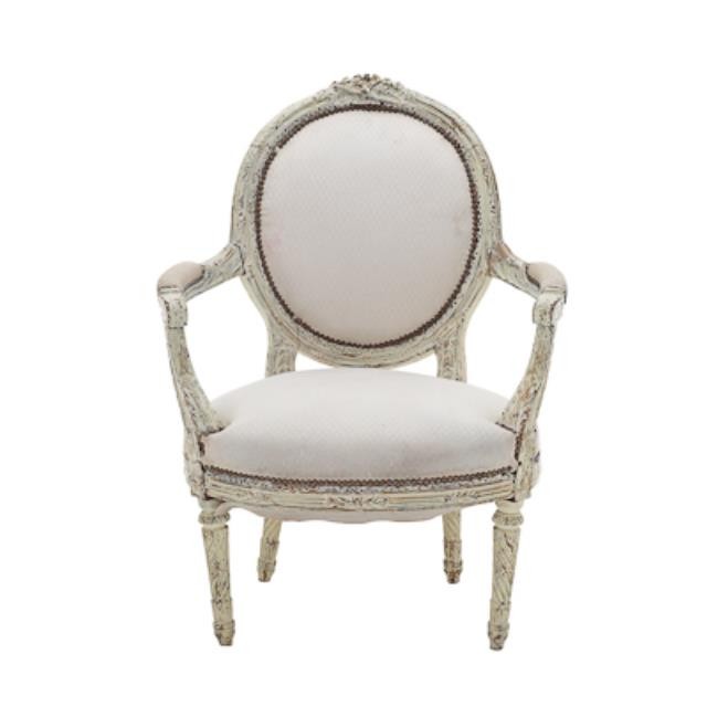 ARM CHAIR-White Oval Back W/Ornate Carved Frame