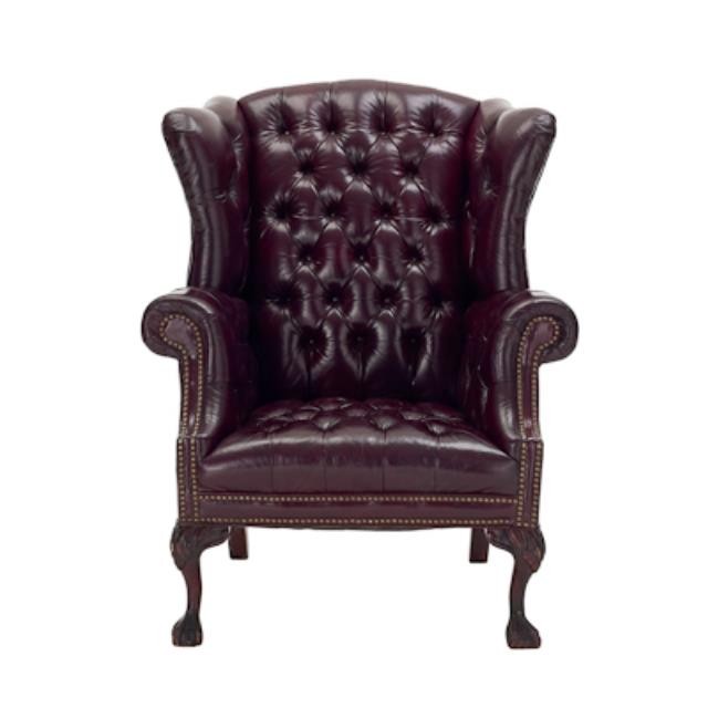 OFFICE CHAIR-Wing Chair Burgundy Tufted W/Nail Heads