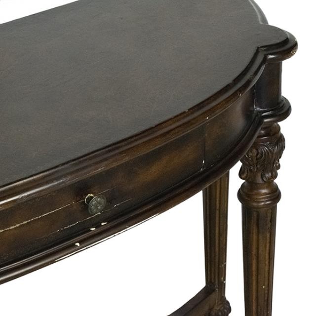 CONSOLE TABLE-Demi Lune W/Ornate Stretcher & Turned Leg