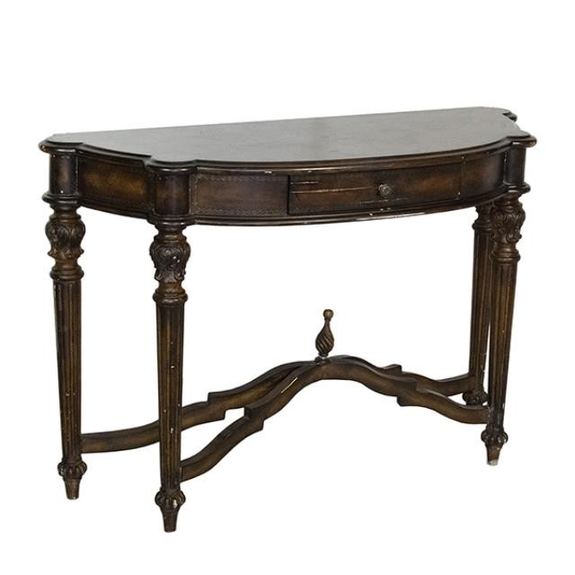 CONSOLE TABLE-Demi Lune W/Ornate Stretcher & Turned Leg