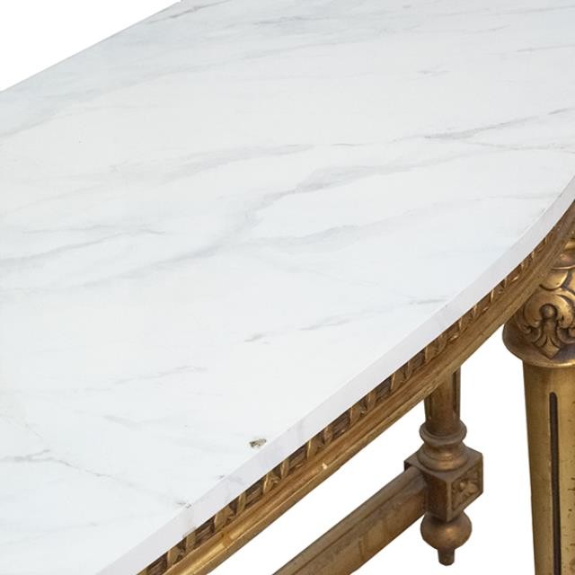 TABLE-CONSOLE-Demilune W/Gold Frame & Faux Marble Painted Top