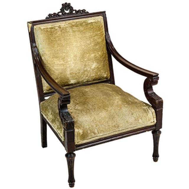 CHAIR-ARM BEIGE VELVET W/BOWTO