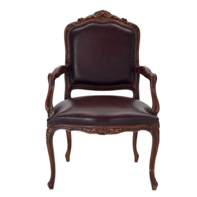 ARM CHAIR-French Walnut Frame W/Brown Leather Back & Seat