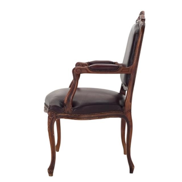 ARM CHAIR-French Walnut Frame W/Brown Leather Back & Seat