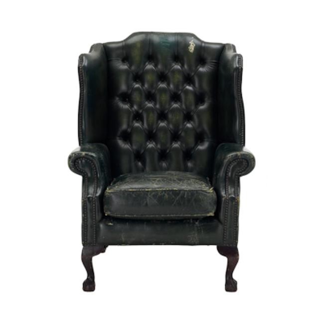 OFFICE CHAIR-Distressed Green Leather Tufted Arm/Nail Heads