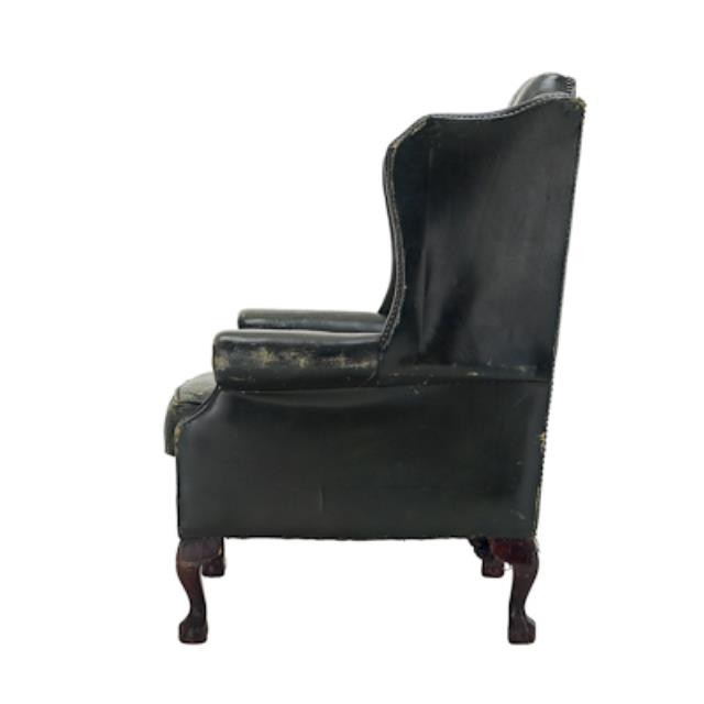 OFFICE CHAIR-Distressed Green Leather Tufted Arm/Nail Heads