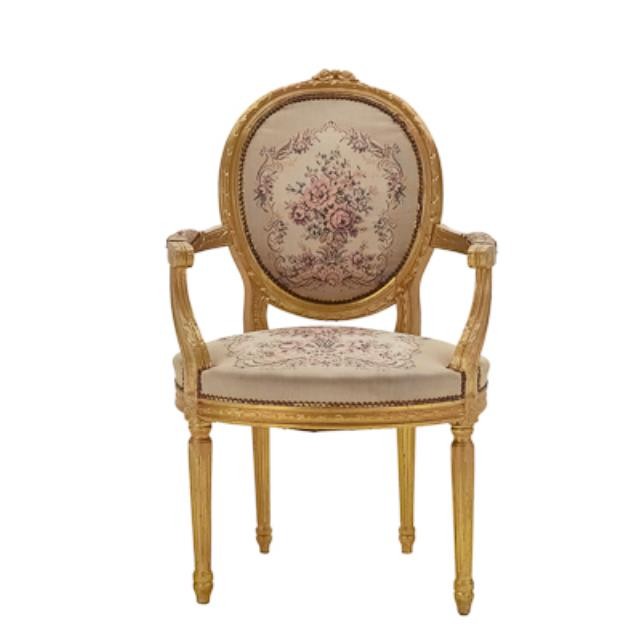 CHAIR-ARM-GOLD-TAPESTRY FABRIC