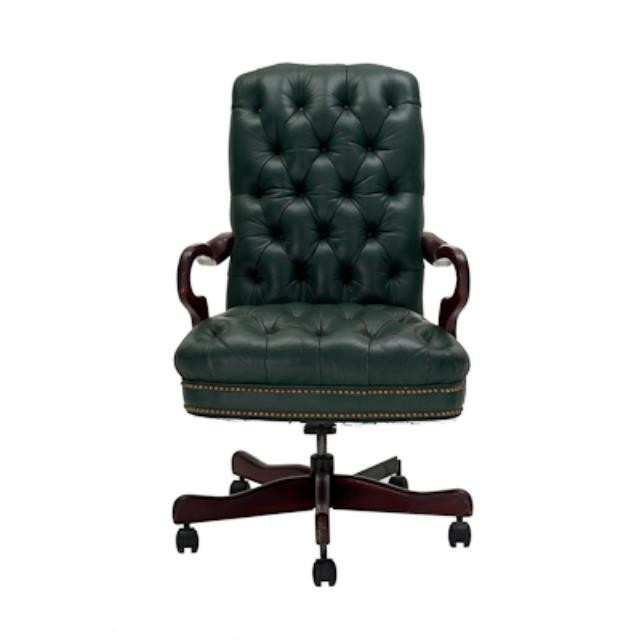 OFFICE CHAIR-Green Tufted Leather Arm W/Wood Frame on Wheels