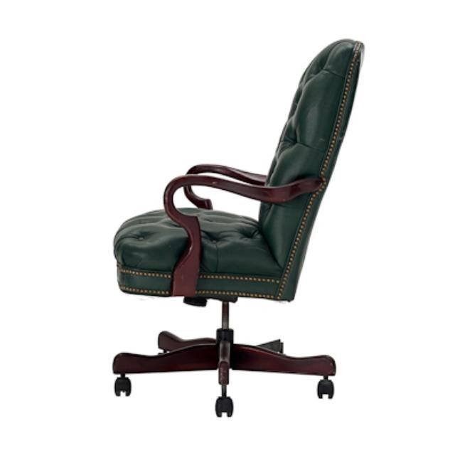 OFFICE CHAIR-Green Tufted Leather Arm W/Wood Frame on Wheels