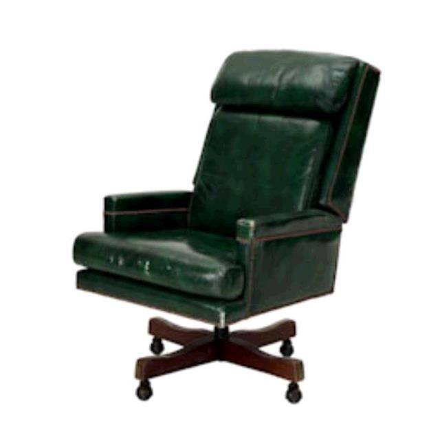 OFFICE CHAIR-Executive/Green Leather W/Wood Frame on Wheels