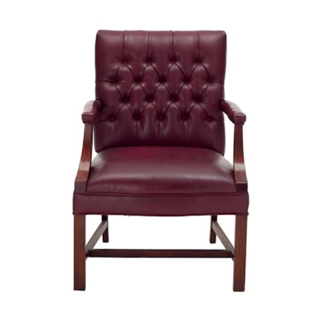 OFFICE CHAIR-Burgundy Leather Tufted Arm W/Stationary Wood Frame