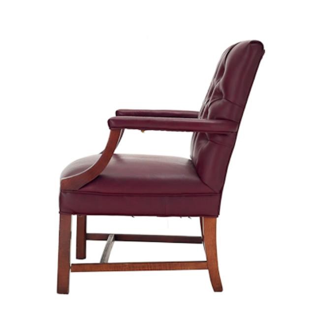 OFFICE CHAIR-Burgundy Leather Tufted Arm W/Stationary Wood Frame