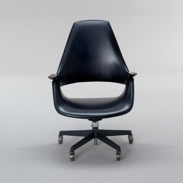 OFFICE CHAIR-Mid Century Modern Black Leather Swivel