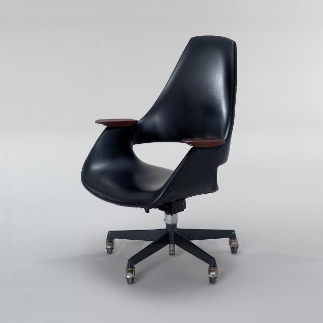 OFFICE CHAIR-Mid Century Modern Black Leather Swivel